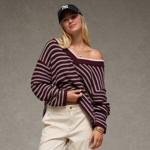 American Eagle Outfitters Burgundy and White Off-the-Shoulder Sweater